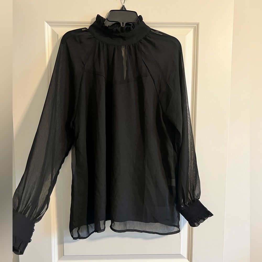 Black Sheer Sleeve with Ruffled Mandarin Collar Blouse